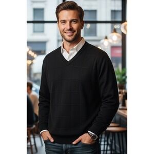 Via Europa V-Neck Windowpane Sweater Men's XL Preppy Pullover Minimalist Outdoor